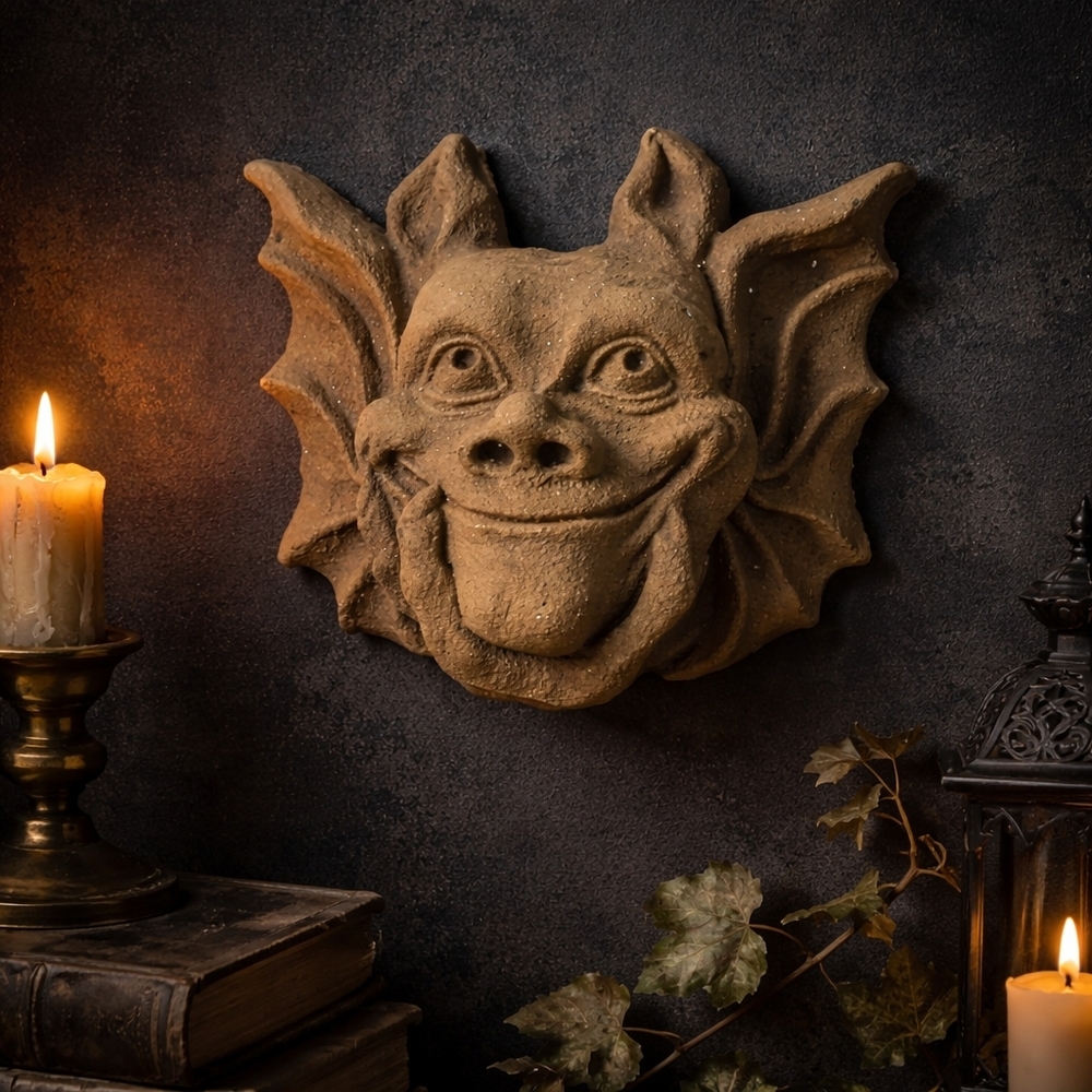 Mini Stone Gargoyle Wall Plaque Gothic Bat Wing Decor 6"